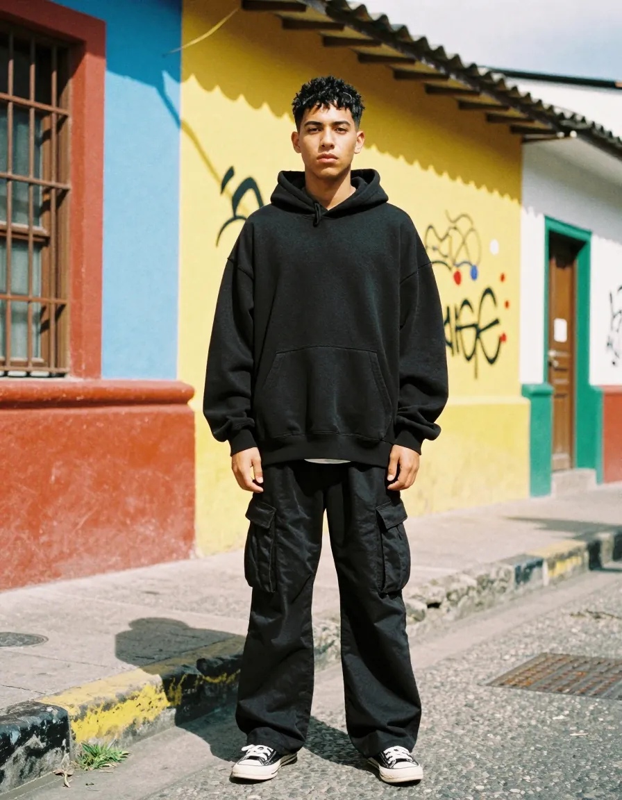 Chico con buzo negro en una calle de colores de Bogotá